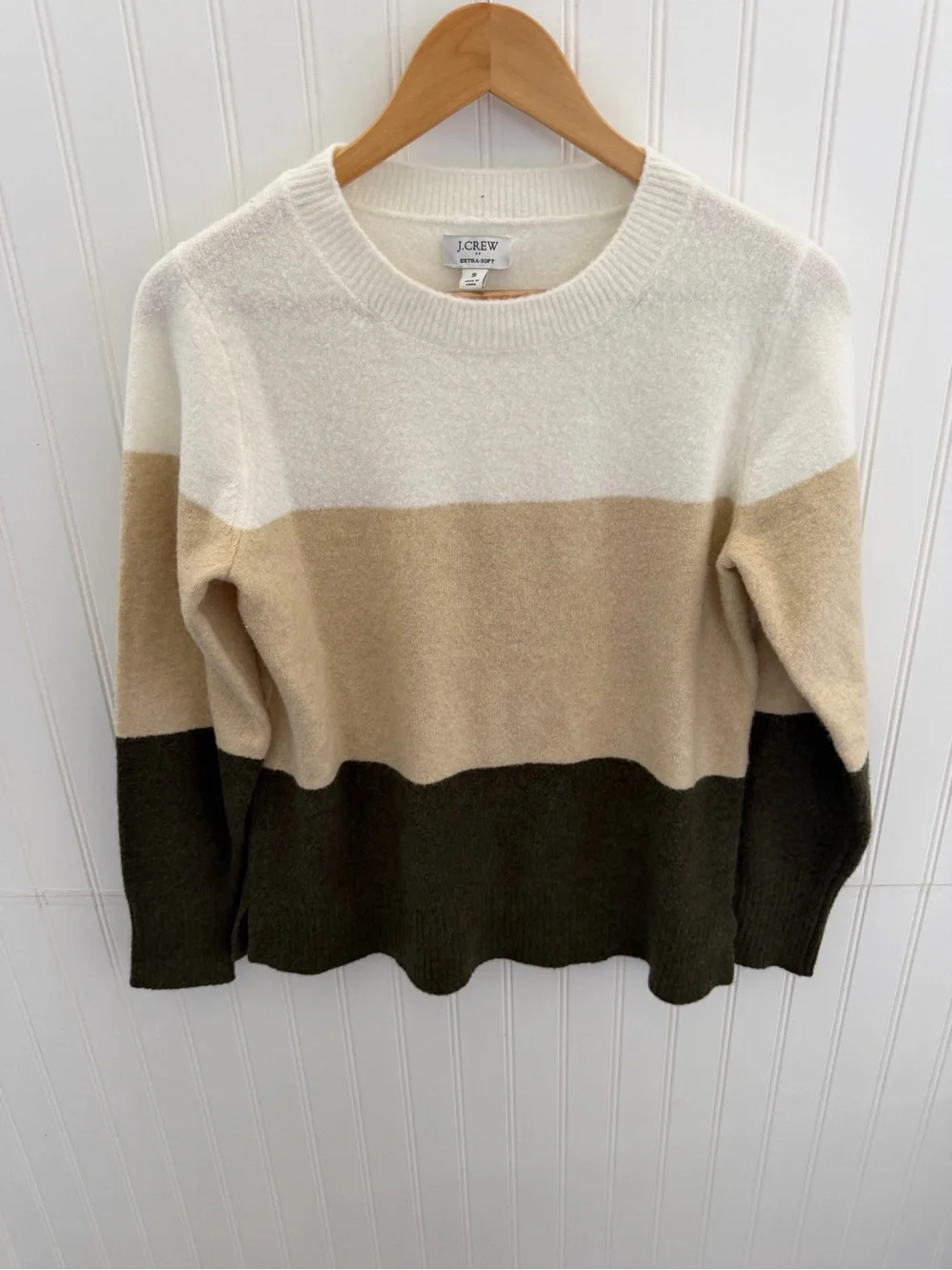 J. Crew Women's Three-Tone Crewneck Sweater in White, Tan & Dark Olive Green